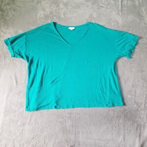 J Jill Love Linen Top Shirt Green Teal Size XL Relaxed Fit Knit Crochet Trim